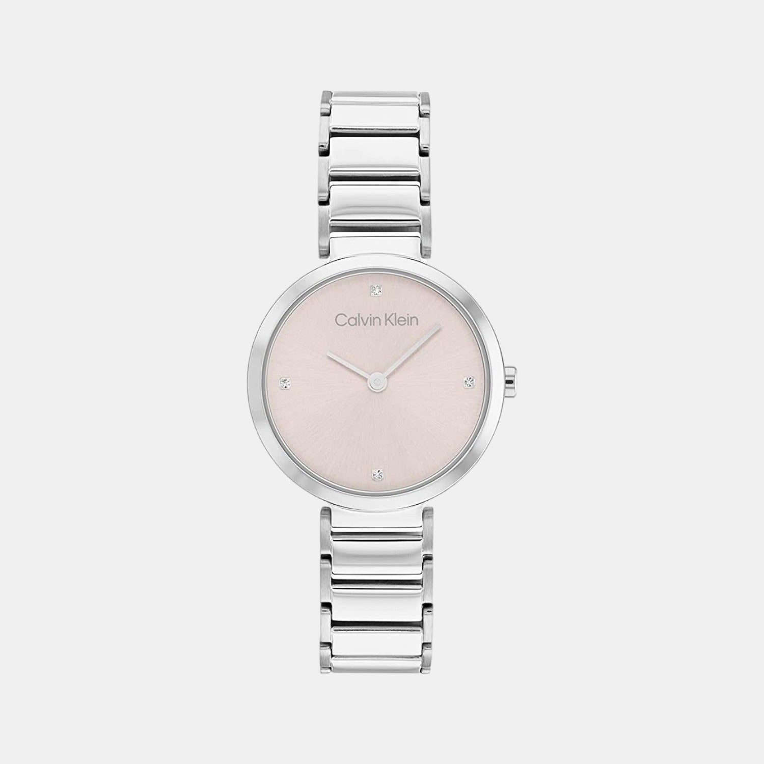 Calvin Klein Stately women's watch nude dial with silver metal bracelet, front display