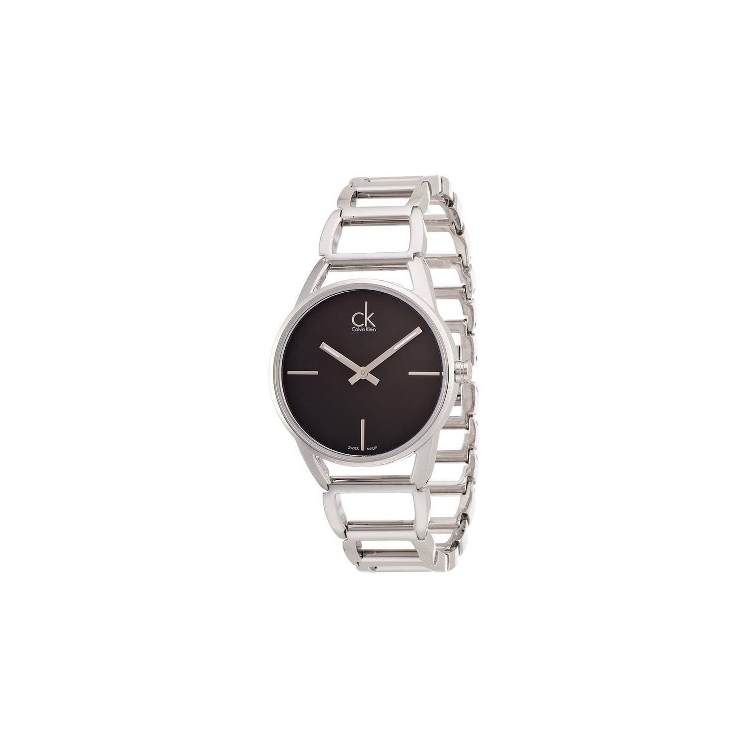 Calvin Klein Stately women's watch at angle showing silver case and black dial