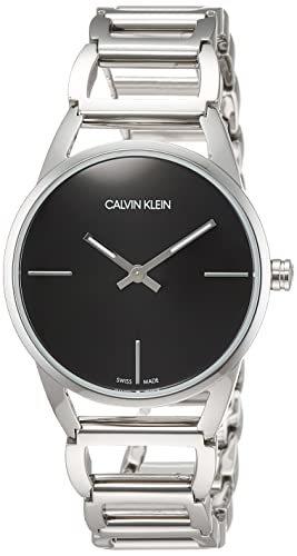 Calvin Klein Stately ladies watch side view with silver bracelet and black dial visible