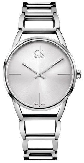 Calvin Klein Stately K3G23126 ladies watch front view with minimalist silver dial