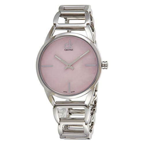 Calvin Klein Stately K3G2312E three-quarter view of pink dial women's watch