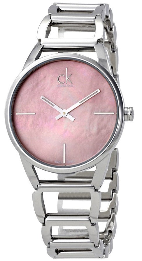 Calvin Klein Stately women's watch with pink mother-of-pearl dial and silver bracelet