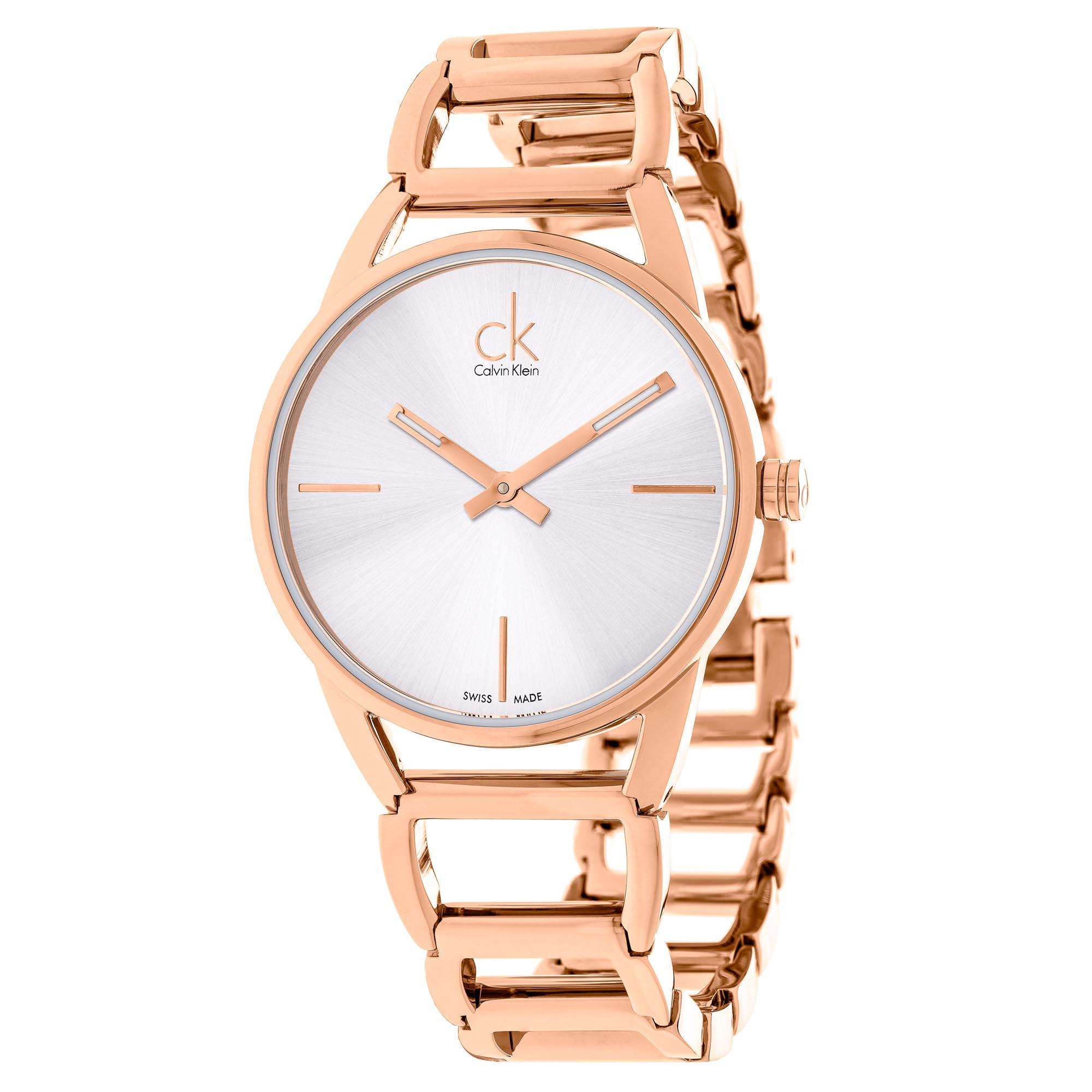 Calvin Klein Stately ladies quartz watch with silver dial and rose gold bracelet