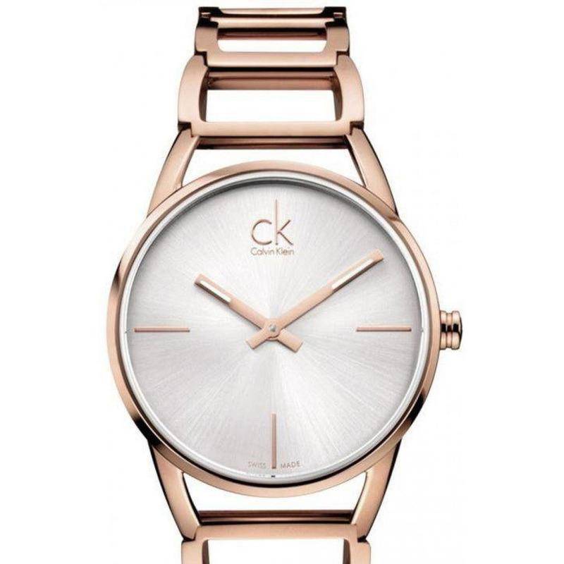 Calvin Klein Stately watch frontal view with minimalist silver dial and rose gold case