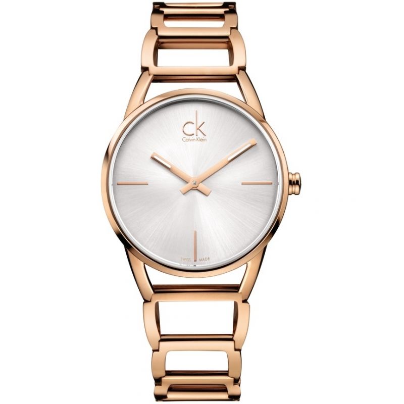 Calvin Klein Stately quartz watch frontal view with silver dial and rose gold case