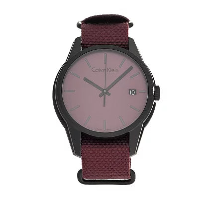 Calvin Klein Tone Collection K7K514UP chronograph with burgundy dial and maroon fabric strap