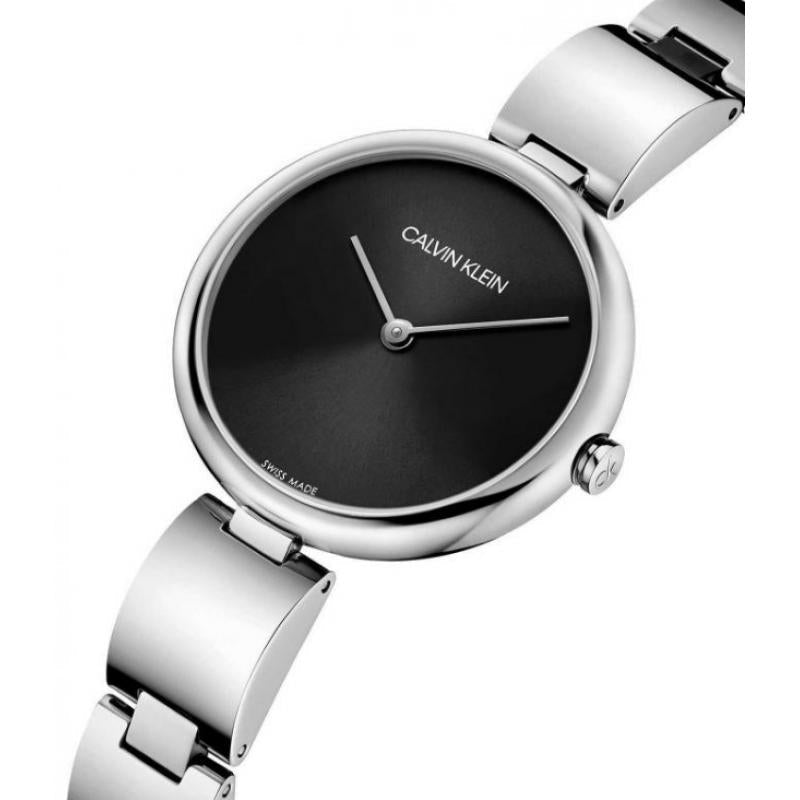 Calvin Klein Wavy K9U23141 ladies watch angled view showing black dial and silver-tone bracket