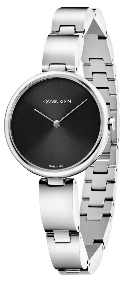 Calvin Klein Wavy ladies watch with black dial and silver-tone stainless steel bracelet, angled side view