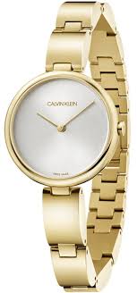 Calvin Klein Wavy watch at angle showing silver dial and gold band