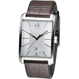 Calvin Klein Window K2M21126 men's watch side angle showing rectangular case and brown croc-embossed strap