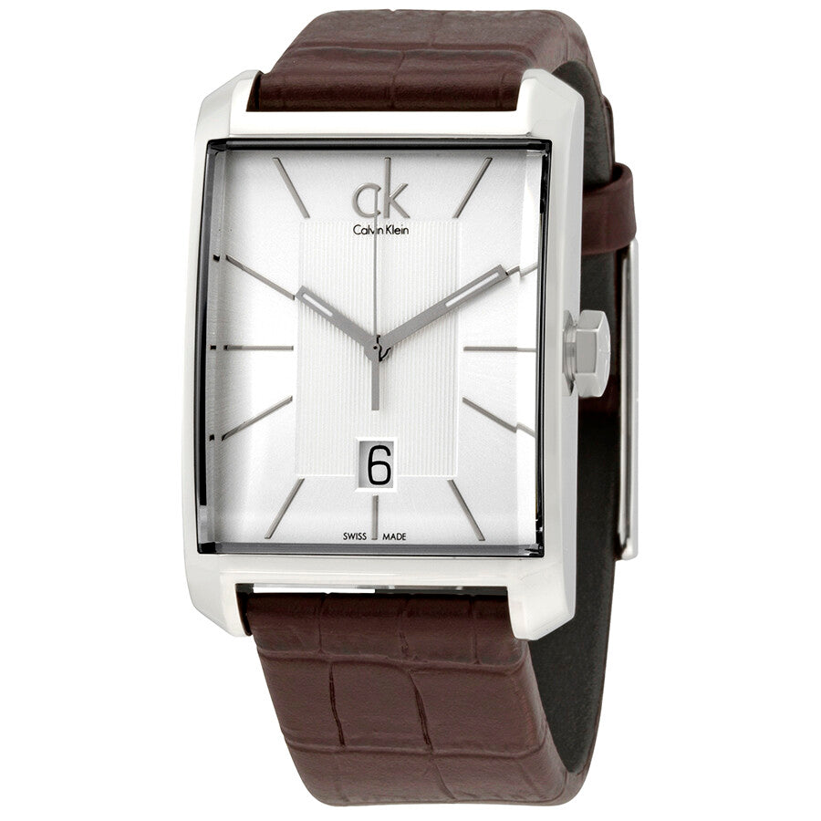 Calvin Klein Window K2M21126 rectangular silver dial watch with brown leather strap detail