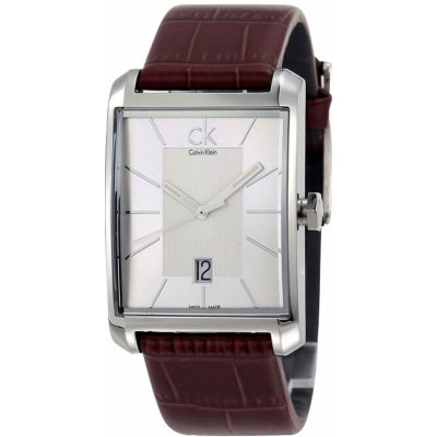 Calvin Klein Window K2M21126 men's watch angled view with silver dial and crocodile-embossed brown strap