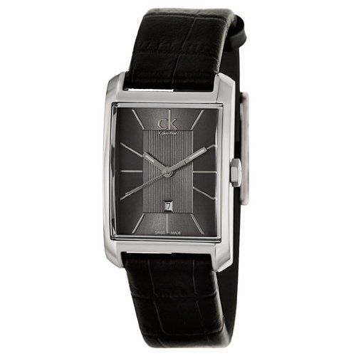 Calvin Klein Window K2M23107 three-quarter view showing rectangular chrome case and black leather strap