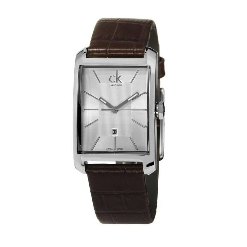 Calvin Klein Window women's watch with silver textured dial and brown leather strap
