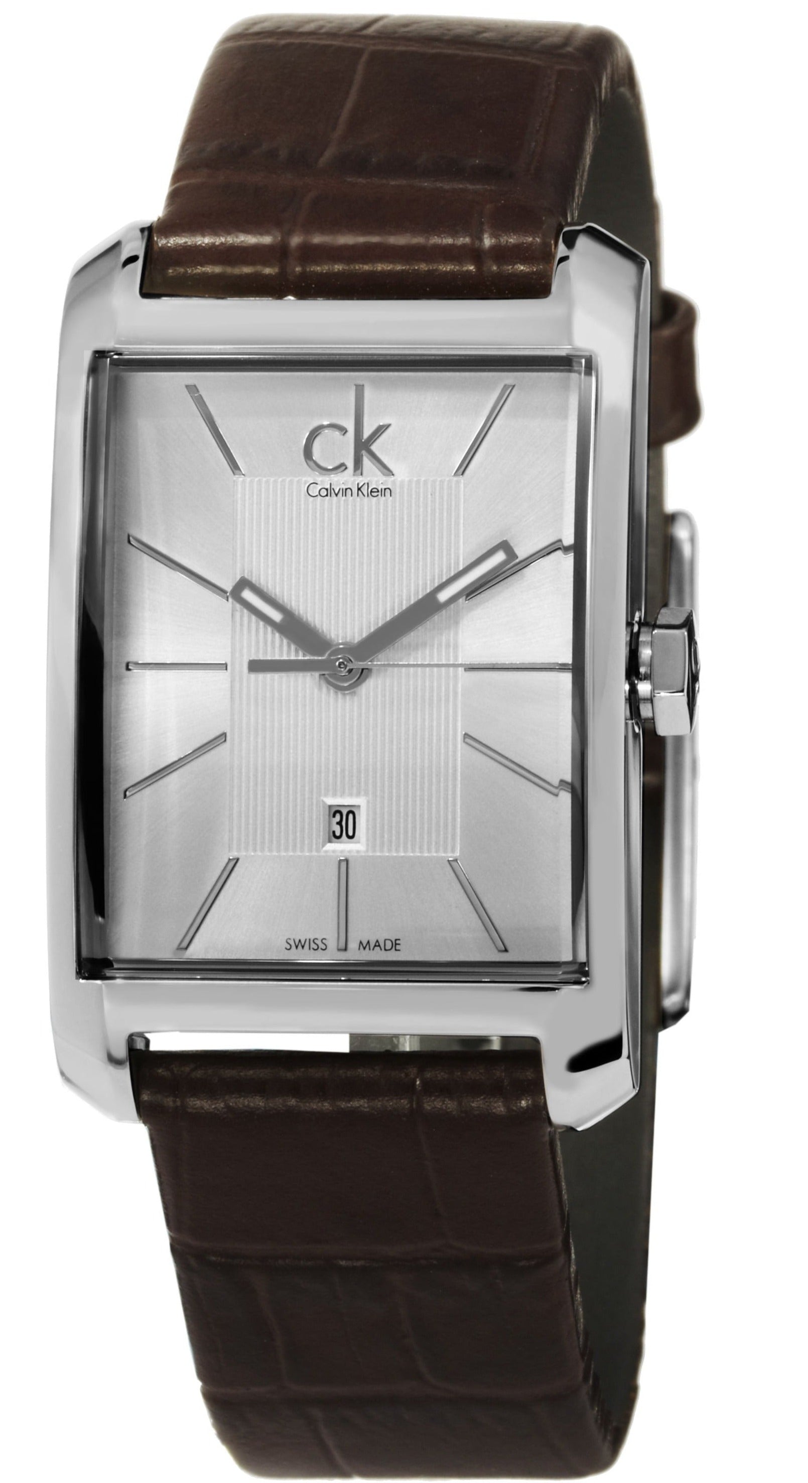 Calvin Klein Window women's watch with silver dial and brown leather strap