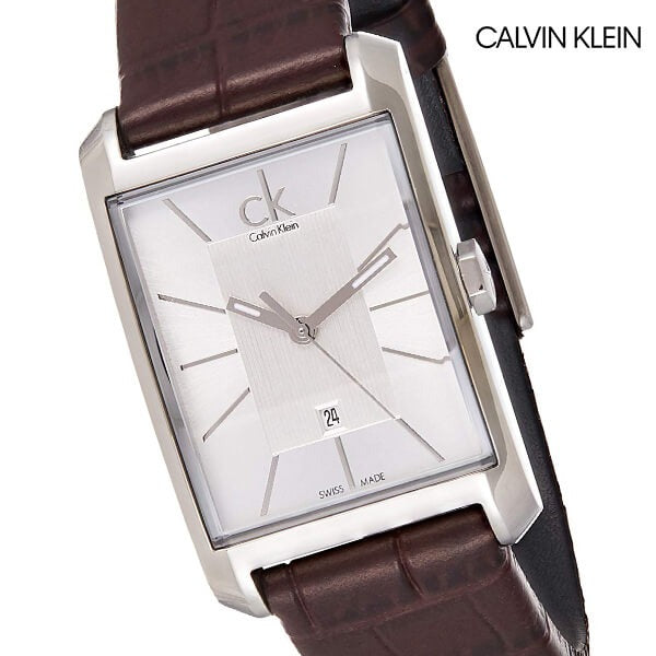 Calvin Klein Window women's rectangular watch with silver dial and brown leather strap