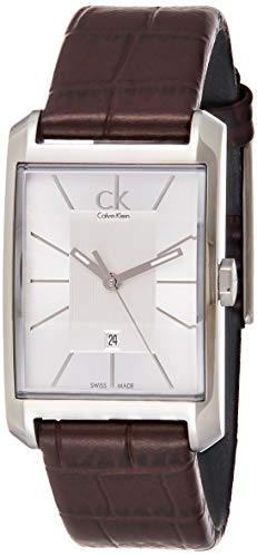 Side view of Calvin Klein Window watch with brown leather strap