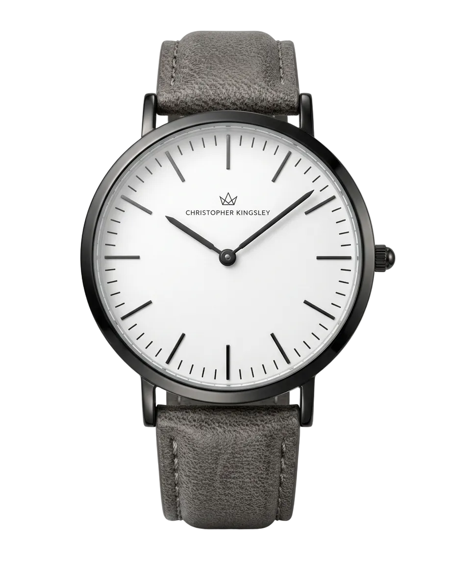 Christopher Kingsley watch with white dial and grey leather strap, front view