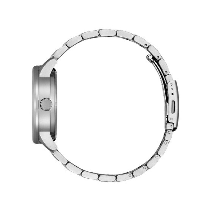 Side view of Citizen Automatic watch showing stainless steel bracelet and case profile