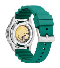 Citizen NJ0129-10X caseback showing automatic movement with green rubber strap