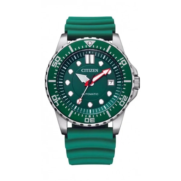 Citizen NJ0129-10X automatic watch with green dial and green rubber strap