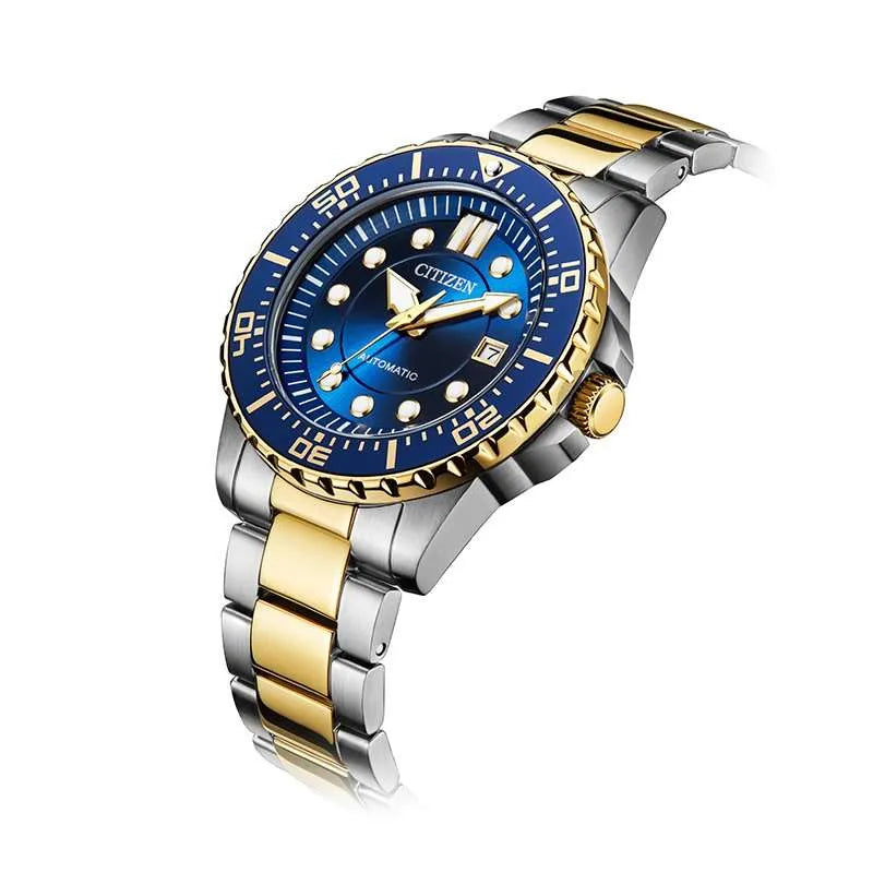 Angled view of Citizen automatic watch showing two-tone steel and gold bracelet
