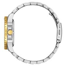 Side profile of watch showing two-tone steel and gold strap links