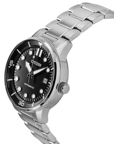 Side angle view of Citizen automatic watch with stainless steel bracelet
