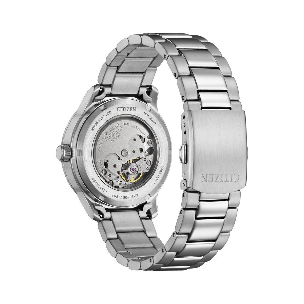 Caseback view showing automatic movement mechanism and sapphire crystal