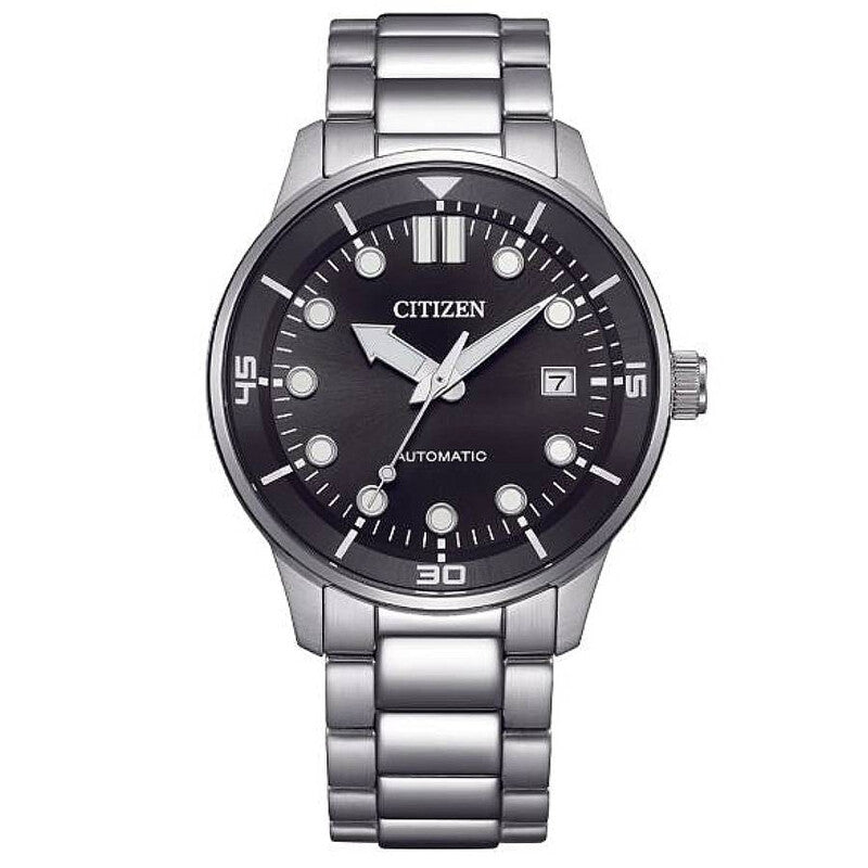 Citizen automatic watch with silver stainless steel bracelet and black dial