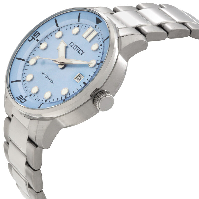 Side angle view of Citizen mechanical automatic watch with light blue dial