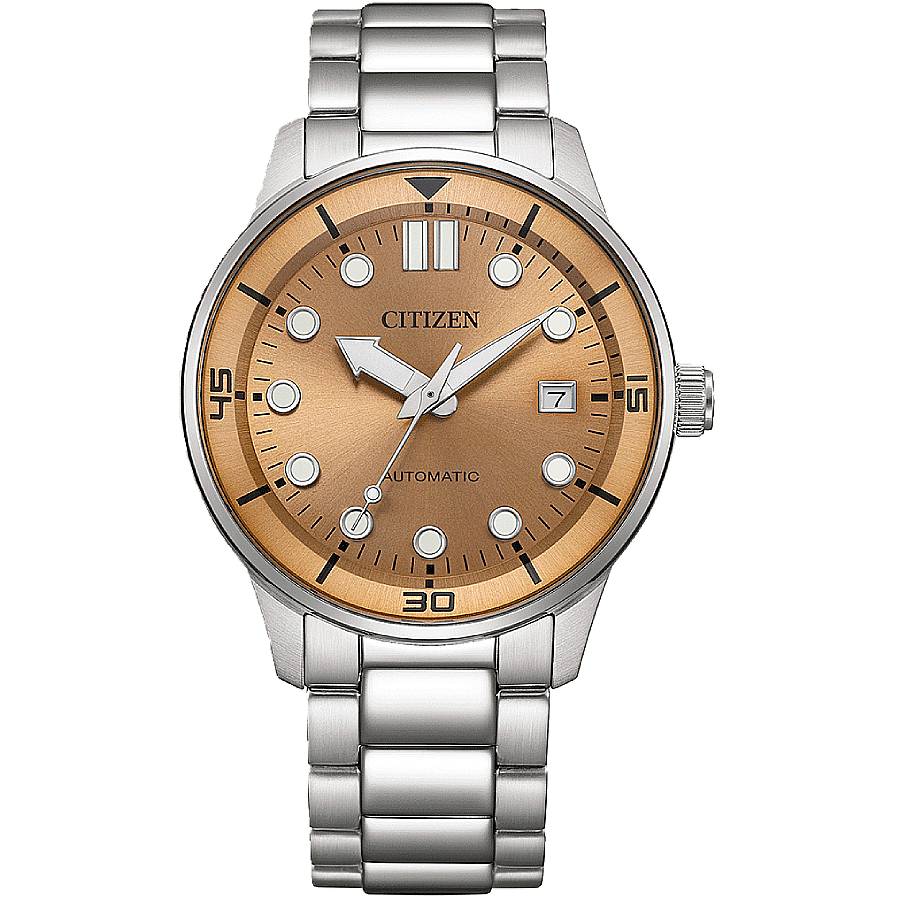 Citizen automatic men's watch with bronze dial, stainless steel case and bracelet, white markers, date window