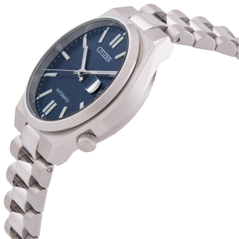 Side angle view of Citizen Super Titanium watch showing blue dial and three-link titanium bracelet