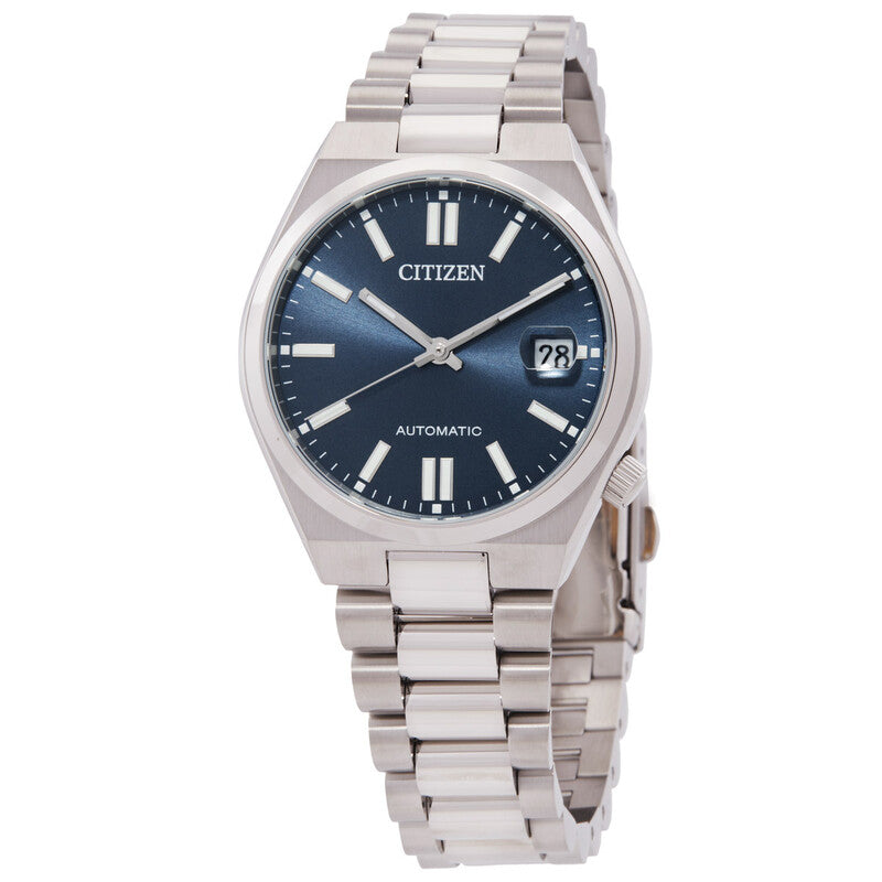 Citizen Super Titanium automatic watch with blue dial, date window, and titanium bracelet