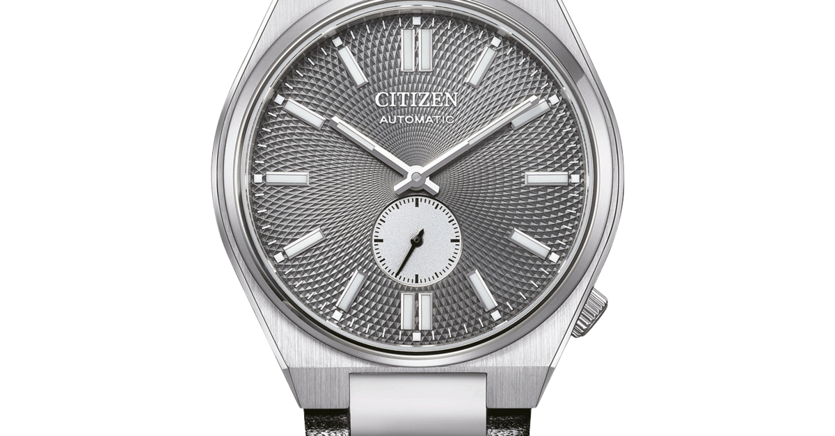 Close-up of Citizen NJ5010-01H grey dial with subdial and applied indices