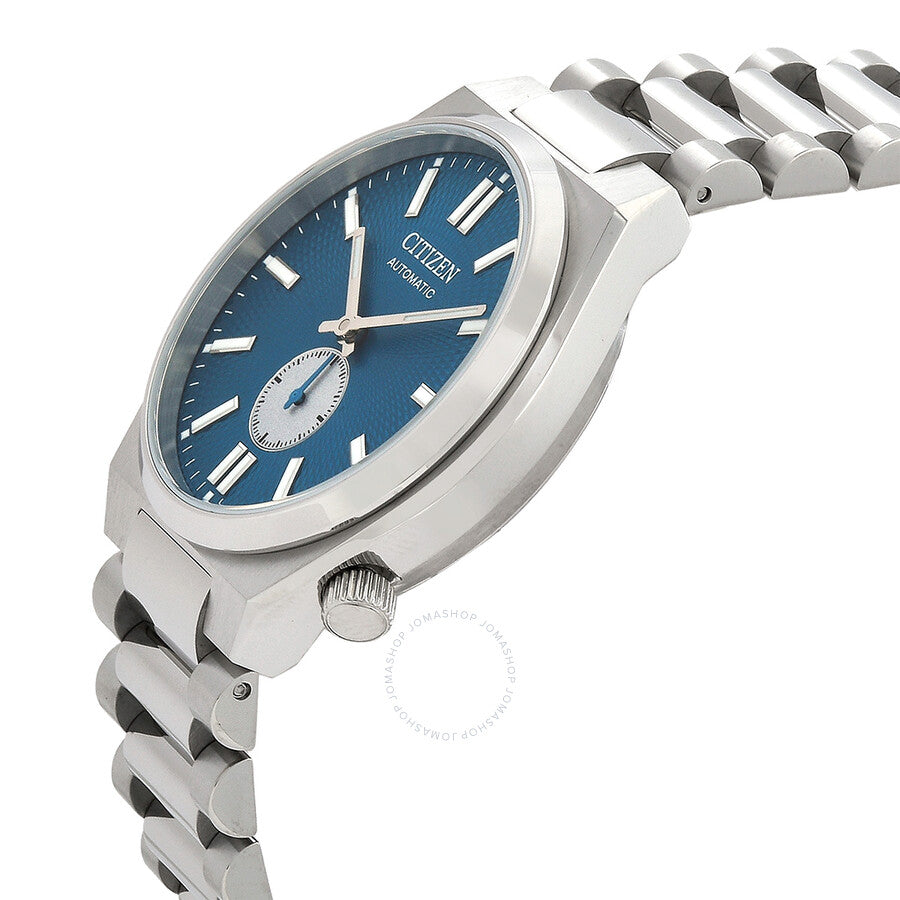 Side angle view of Citizen Tsuyosa automatic watch showing blue dial and stainless steel case