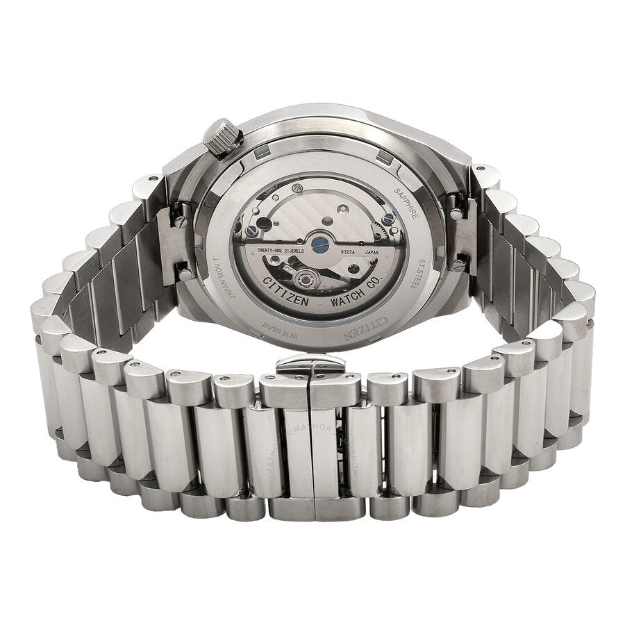 Citizen Tsuyosa automatic watch caseback showing mechanical movement and stainless steel bracelet