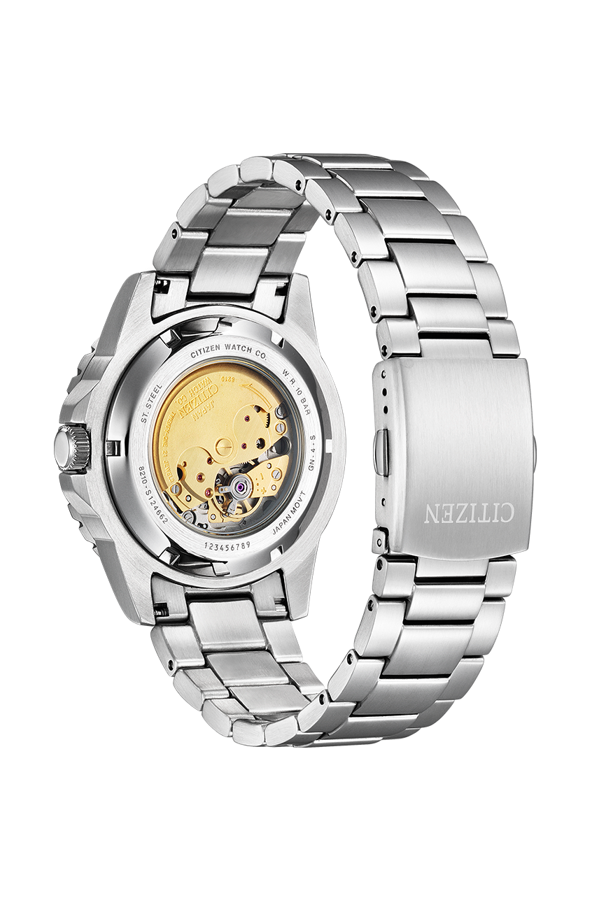 Titanium caseback showing automatic movement and Citizen branding