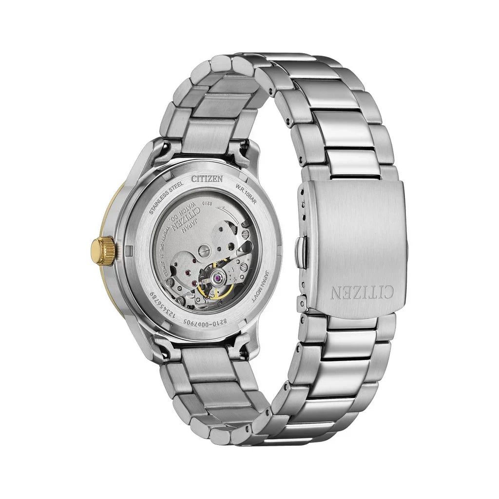 Citizen automatic watch caseback showing visible movement and titanium bracelet