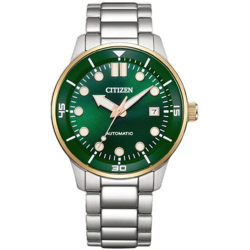 Citizen Super Titanium automatic watch with green dial, white indexes, titanium bracelet, and gold bezel