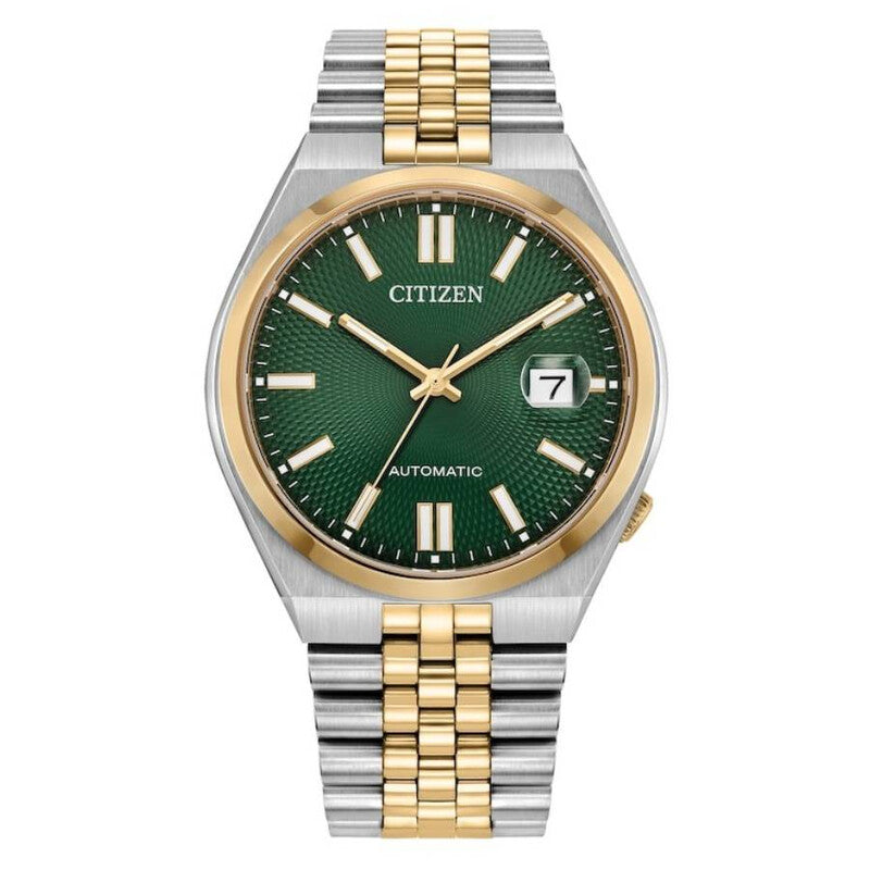 Citizen Tsuyosa 60 automatic watch front view with green dial and two-tone strap