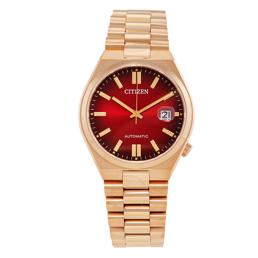 Front view of Citizen Tsuyosa automatic 40mm with red dial, gold-tone case and bracelet