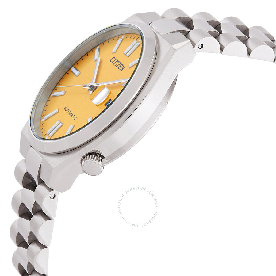 Angled side view of Citizen Tsuyosa Automatic watch showing stainless steel bracelet and crown