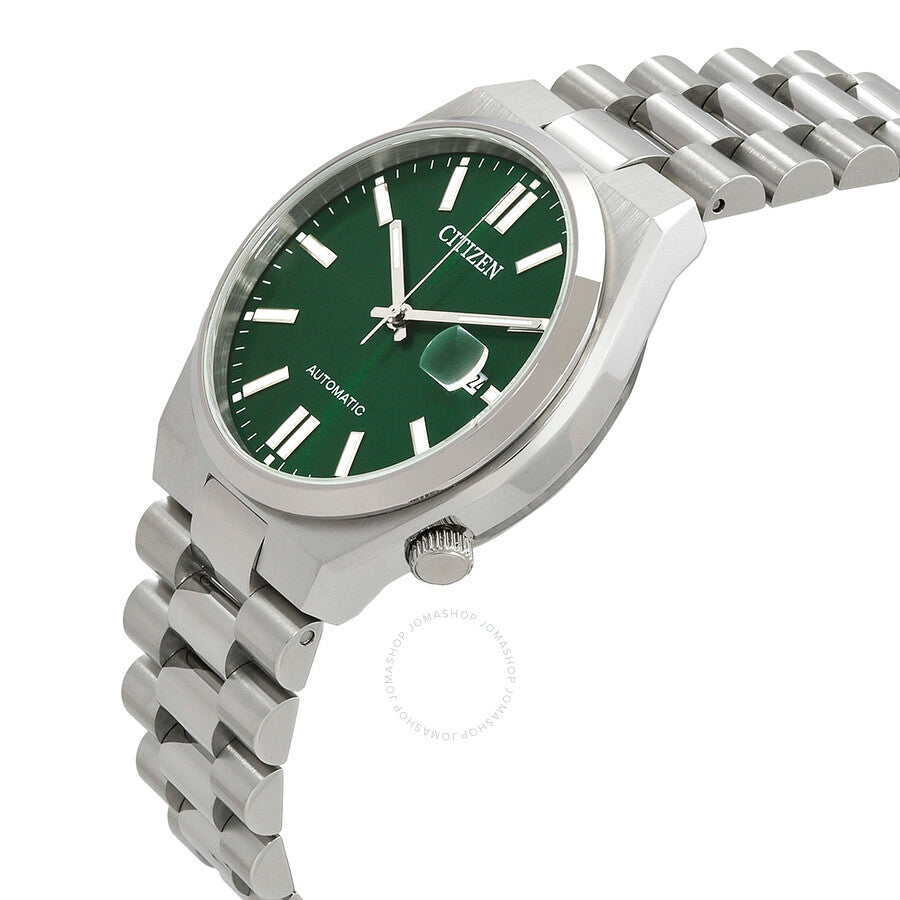 Citizen Tsuyosa automatic watch at angle showing green dial, stainless steel bracelet, and crown detail