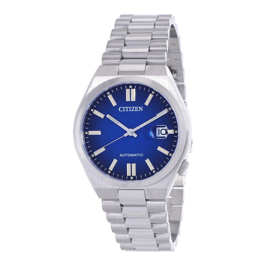 Citizen Tsuyosa automatic watch with blue dial, stainless steel case and bracelet, frontal view