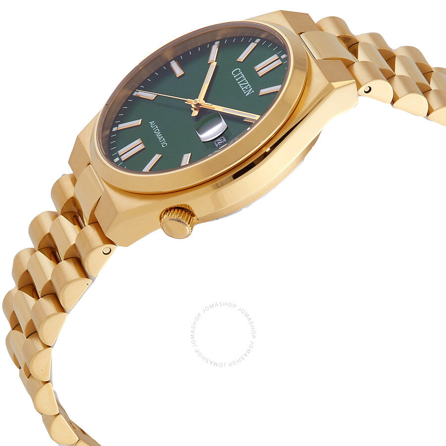 Angled view of Citizen Tsuyosa Automatic showing green dial, gold case and link bracelet