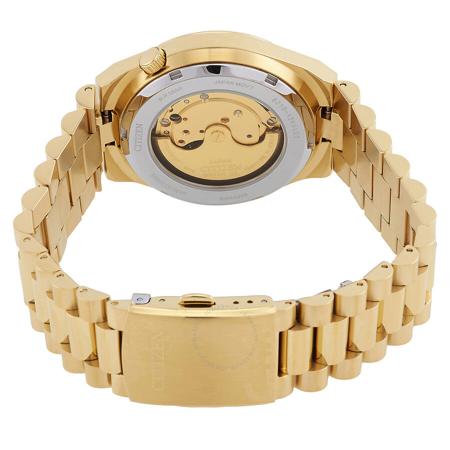 Caseback view of Citizen Tsuyosa Automatic displaying automatic movement and gold bracelet