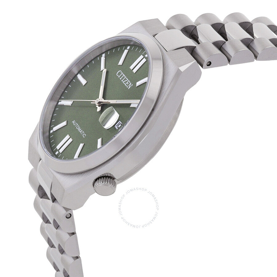 Citizen Tsuyosa 40mm automatic watch shown at angle with green dial and crown detail