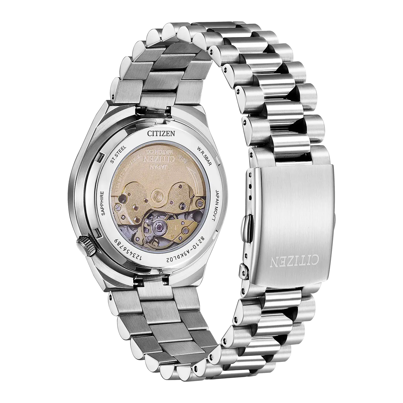 Citizen Tsuyosa automatic movement visible through caseback with gold-tone rotor and silver-tone bracelet