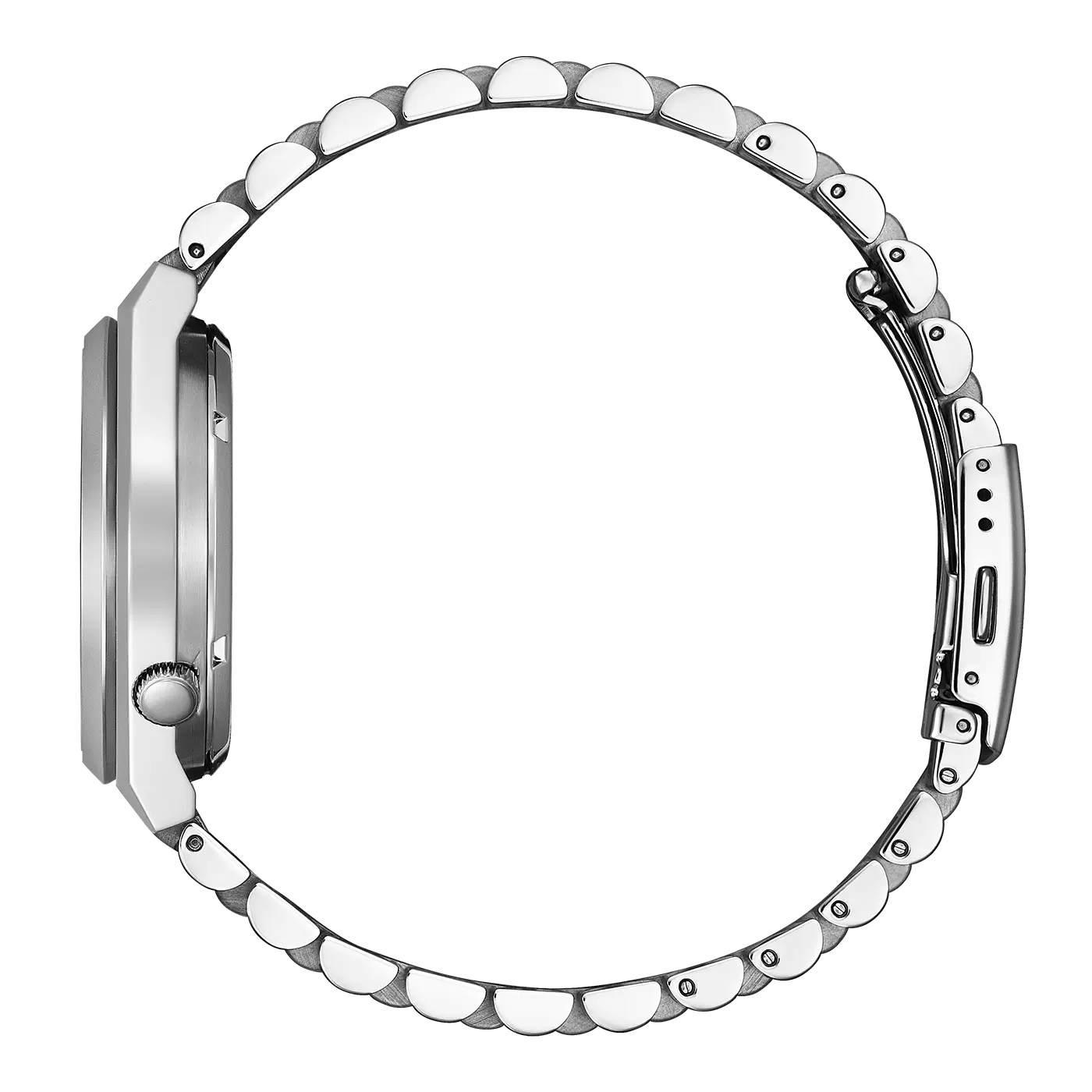 Side profile of Citizen Tsuyosa watch showing silver case and link bracelet